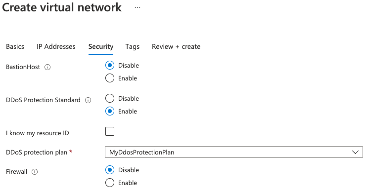 Create virtual network - Security tab