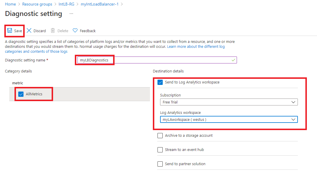 Diagnostic setting page for load balancer