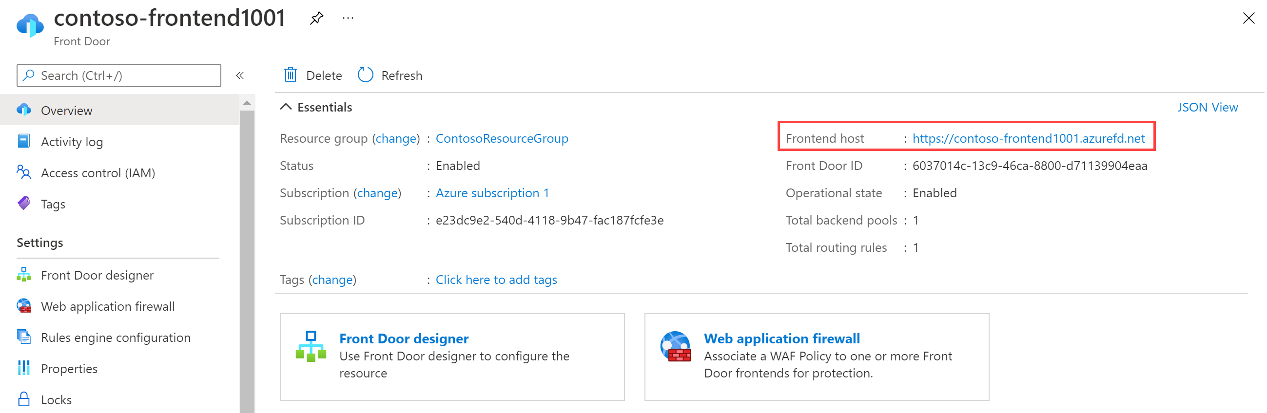 Azure portal Frontend page - Verify Frontend URL