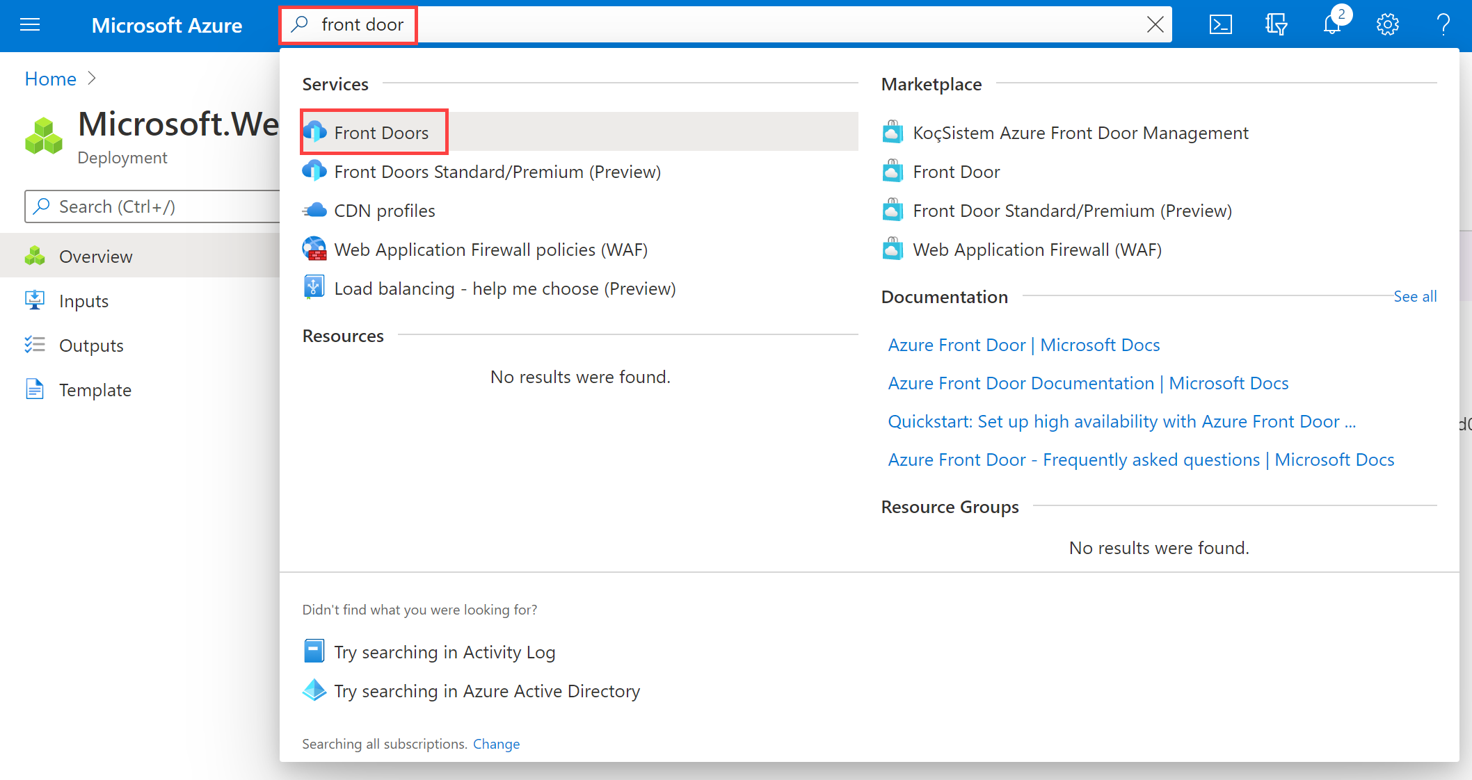 Azure Portal Search for Front Door
